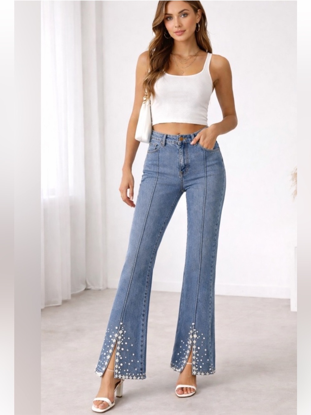 A.Z.I. Embellished Dark Blue Flare Jeans with Rhinestone Trim